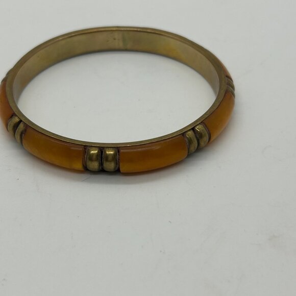 Vintage Brass & Amber-Colored Acrylic Bangle Bracelet 8 Inch Boheium - Picture 3 of 8